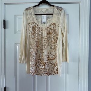 Anthropologie Meadow Rue Ivory Gold Floral Burnout Pattern Top XL NWT